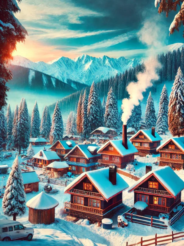 DALL·E 2024-11-26 13.44.17 - A visually stunning winter landscape of Manali, Himachal Pradesh, featuring snow-covered pine trees, cozy wooden cottages with smoke rising from chimn